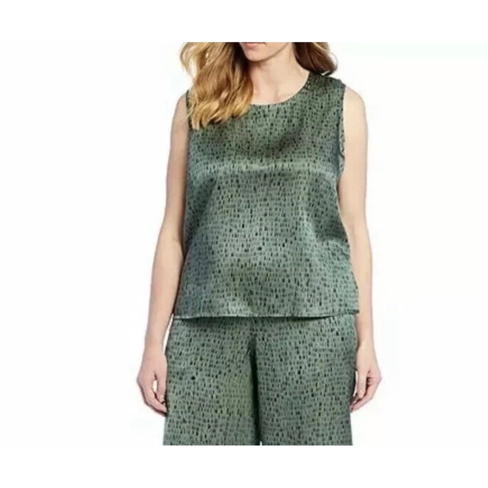 Eileen Fisher Silk Organic Cotton Green Abstract Dash Print Shell Top XL S19KWA
